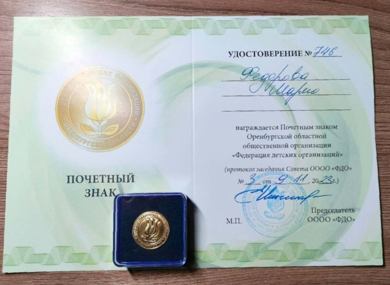 Ученица Губернаторского лицея получила почётный знак Оренбургской областной общественной организации «Федерация детских организаций».